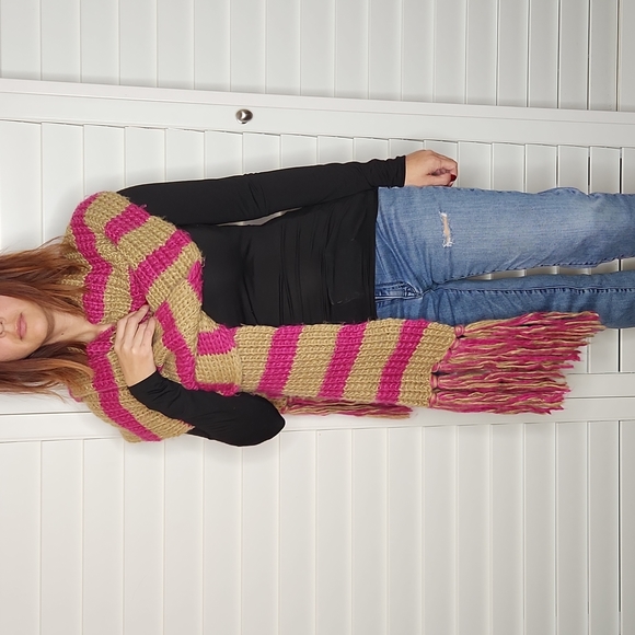 Michael Kors Stripe Fringe Knit Scarf Fushia Pink and Tan - Picture 1 of 12